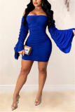 Blue Fashion Sexy Flare Sleeve Long Sleeve Bateau Neck Mini Solid Dresses