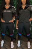 Black Fashion Sportswear Adult Patchwork Print Patchwork Turndown Collar Long Sleeve Regular Sleeve Regular Two Pieces