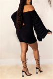 Black Fashion Sexy Flare Sleeve Long Sleeve Bateau Neck Mini Solid Dresses