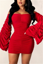 Red Fashion Sexy Flare Sleeve Long Sleeve Bateau Neck Mini Solid Dresses