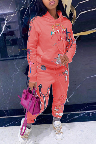 Orange Fashion Casual Adult Print Patchwork Hooded Collar Long Sleeve Regular Sleeve Regular Two Pieces
