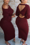 Wine Red Fashion Sexy Regular Sleeve Long Sleeve O Neck A Line Ankle Length Solid Dresses