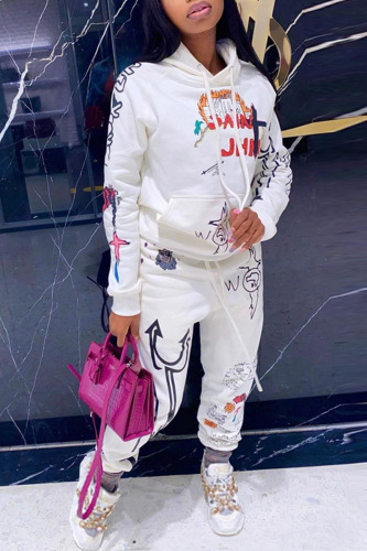 White Fashion Casual Adult Print Patchwork Hooded Collar Long Sleeve Regular Sleeve Regular Two Pieces