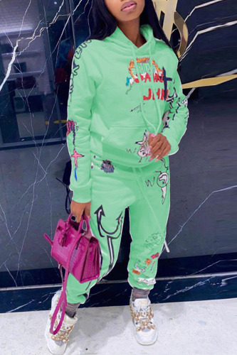 Green Fashion Casual Adult Print Patchwork Hooded Collar Long Sleeve Regular Sleeve Regular Two Pieces