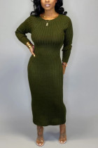 Army Green Fashion Sexy Regular Sleeve Long Sleeve O Neck A Line Ankle Length Solid Dresses