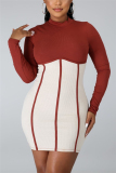 Rust Red Fashion Casual Regular Sleeve Long Sleeve O Neck A Line Mini Patchwork Dresses