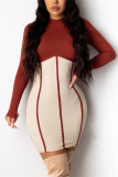 Rust Red Fashion Casual Regular Sleeve Long Sleeve O Neck A Line Mini Patchwork Dresses