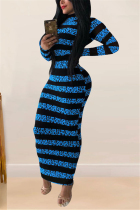Blue Fashion Street Adult Milk Fiber Patchwork Print Patchwork O Neck Long Sleeve Ankle Length One-piece Suits Dresses
