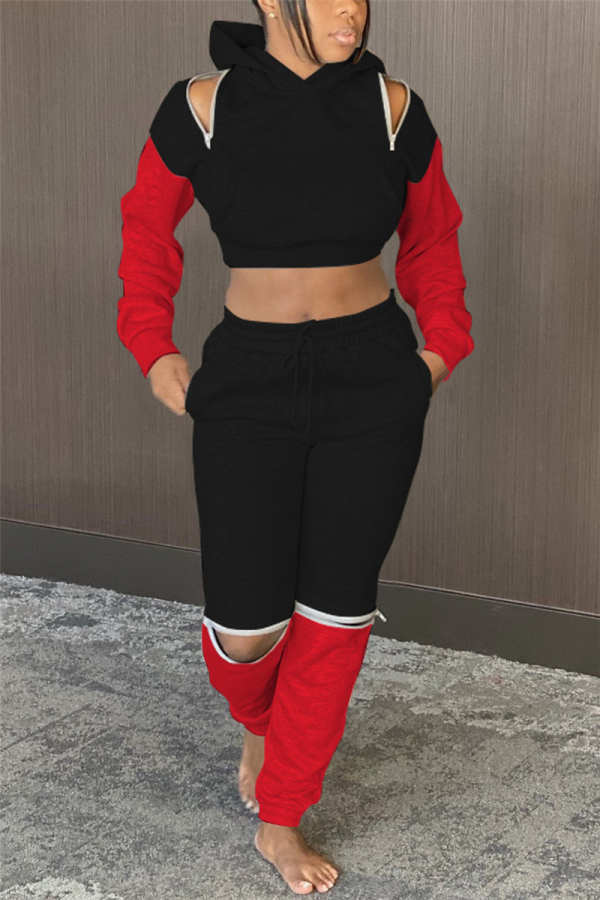Black and red Fashion Casual Patchwork Solid Ripped Patchwork Pants Hooded Collar Long Sleeve Regular Sleeve Short Two Pieces