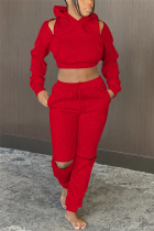 Red Fashion Casual Long Sleeve Hooded Collar Regular Sleeve Short Solid Two Pieces