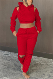 Red Fashion Casual Long Sleeve Hooded Collar Regular Sleeve Short Solid Two Pieces
