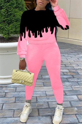 Pink Casual Print O Neck Long Sleeve Regular Sleeve Regular Two Pieces