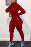 Red Casual Spandex Pit Article Fabrics Solid Fold Pants Zipper Collar Skinny Jumpsuits