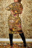 Yellow Sexy Casual Elegant Spandex Milk Fiber Print Leopard Basic Turtleneck Long Sleeve Knee Length Pencil Skirt Dresses
