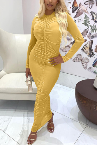 Yellow Sexy Solid Fold O Neck Long Sleeve Ankle Length Pencil Skirt Dresses