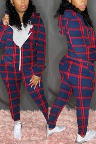 Red and blue Casual Plaid Print Camouflage Print Butterfly Print Pocket Pants Hooded Collar Long Sleeve Regular Sleeve Regular Two Pieces