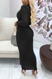Black Sexy Solid Fold O Neck Long Sleeve Ankle Length Pencil Skirt Dresses