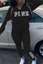 Black Fashion Casual Long Sleeve Hooded Collar Regular Sleeve Regular Letter Embroidery Two Pieces