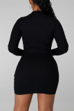 Black Fashion Casual Regular Sleeve Long Sleeve O Neck A Line Mini Patchwork Dresses
