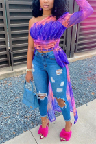 Blue Fashion Casual Adult Milk Fiber Print Patchwork One Shoulder Tops