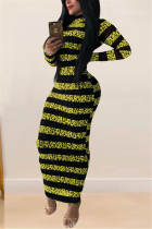 Yellow Fashion Street Adult Milk Fiber Patchwork Print Patchwork O Neck Long Sleeve Ankle Length One-piece Suits Dresses