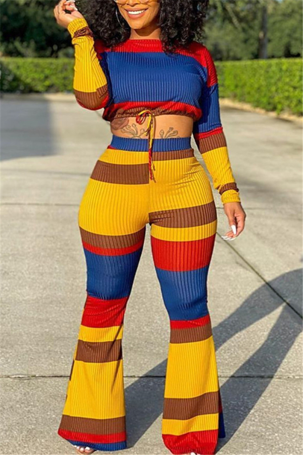 blue and yellow Casual Spandex Pit Article Fabrics Striped Print Draw String Frenulum O Neck Nine Points Sleeve Regular Sleeve Short Two Pieces
