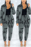 Grey Fashion Casual Adult Print Letter Hooded Collar Long Sleeve Regular Sleeve Regular Two Pieces