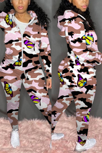 Khaki Casual Plaid Print Camouflage Print Butterfly Print Pocket Pants Hooded Collar Long Sleeve Regular Sleeve Regular Two Pieces