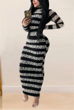 Grey Fashion Street Adult Milk Fiber Patchwork Print Patchwork O Neck Long Sleeve Ankle Length One-piece Suits Dresses