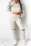 Rice White Fashion Casual Long Sleeve Hooded Collar Regular Sleeve Short Solid Two Pieces