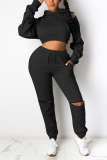 Black Fashion Casual Long Sleeve Hooded Collar Regular Sleeve Short Solid Two Pieces