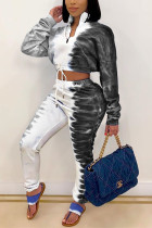 Grey Fashion Sexy Adult Print Patchwork O Neck Long Sleeve Regular Sleeve Short Two Pieces