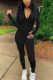 Black Fashion Casual Adult Solid Split Joint O Neck Skinny Jumpsuits