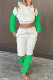 Green Fashion Casual Patchwork Solid Ripped Patchwork Pants Hooded Collar Long Sleeve Regular Sleeve Short Two Pieces