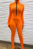 Orange Casual Spandex Pit Article Fabrics Solid Fold Pants Zipper Collar Skinny Jumpsuits