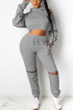 Gray Fashion Casual Long Sleeve Hooded Collar Regular Sleeve Short Solid Two Pieces