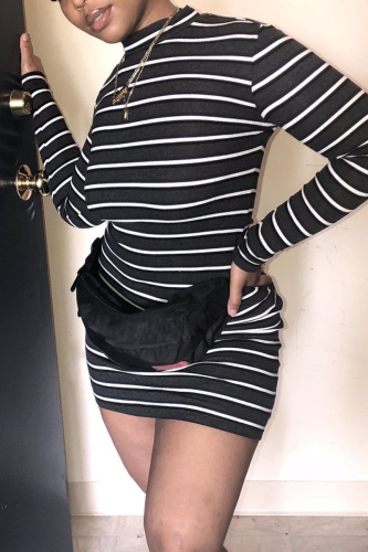 Black White Elegant Striped Patchwork Turtleneck Long Sleeve Pencil Skirt Dresses