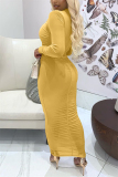 White Sexy Solid Fold O Neck Long Sleeve Ankle Length Pencil Skirt Dresses