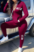 Wine Red Fashion Casual Long Sleeve Hooded Collar Regular Sleeve Regular Letter Print Two Pieces