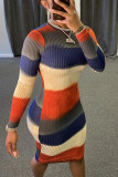Multi Fashion Casual Regular Sleeve Long Sleeve O Neck Pencil Skirt Mini Striped Dresses