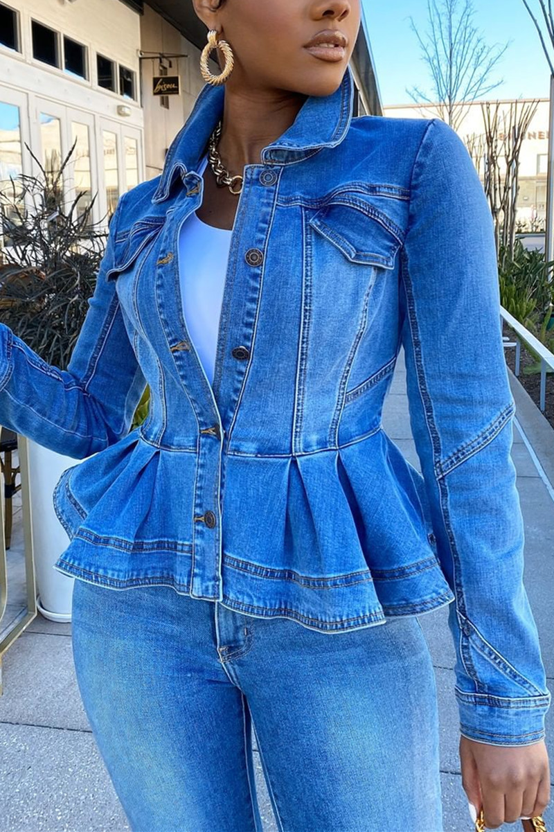 

Baby Blue Work Solid Patchwork Turndown Collar Long Sleeve Regular Denim