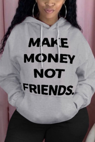 Gray Fashion Casual Hooded Collar Long Sleeve Regular Sleeve Regular Letter Print Tops