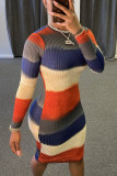 Multi Fashion Casual Regular Sleeve Long Sleeve O Neck Pencil Skirt Mini Striped Dresses