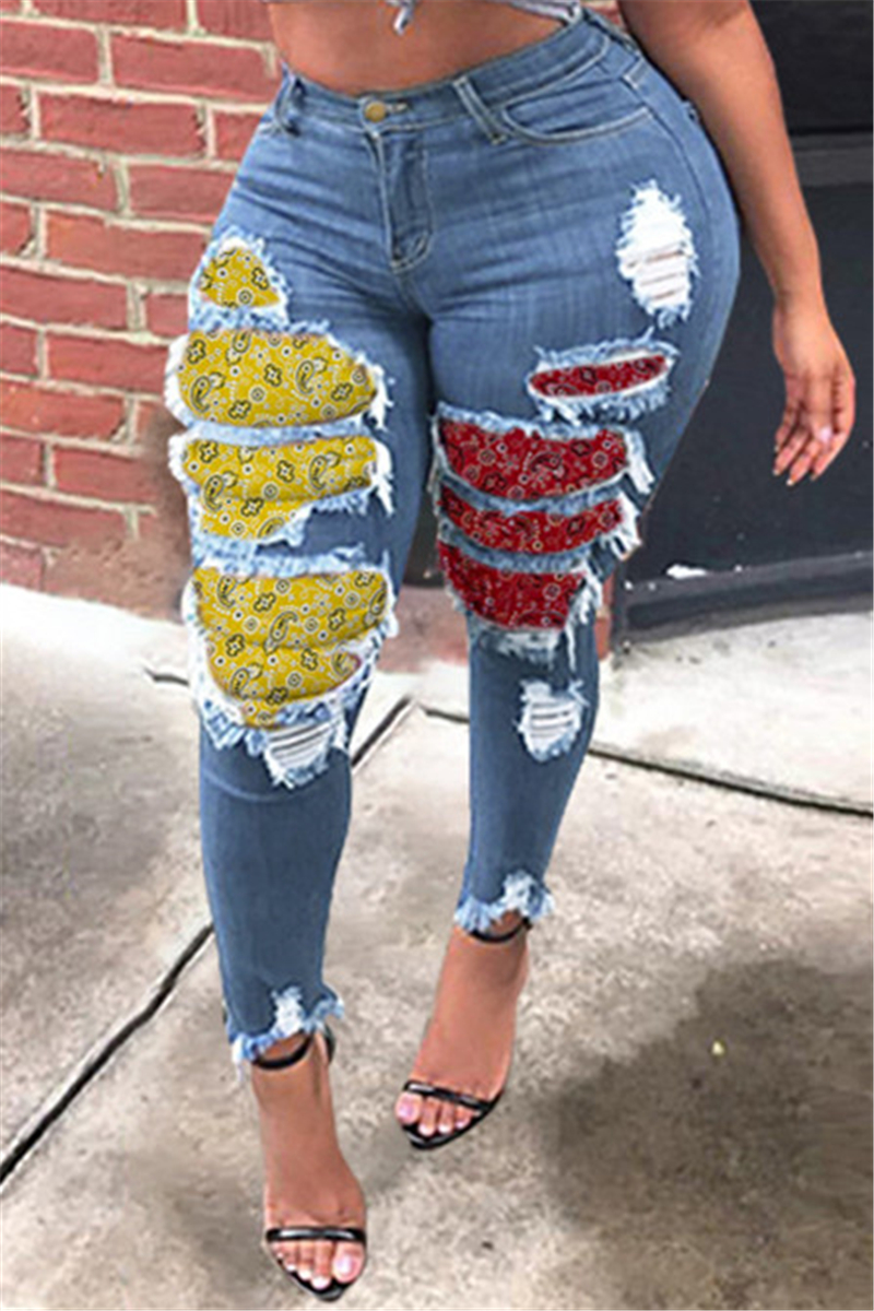 

Medium Blue Fashion Casual Regular Patchwork Jeans