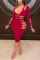 Wine Red Sexy Solid Hollowed Out Patchwork V Neck Long Sleeve Knee Length Pencil Skirt Dresses
