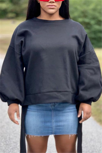 Black Casual Blends Solid Frenulum Pullovers O Neck Tops