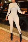 Rice White Fashion Casual O Neck Long Sleeve Regular Sleeve Skinny Letter Jumpsuits