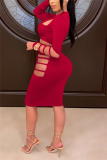 Wine Red Sexy Solid Hollowed Out Patchwork V Neck Long Sleeve Knee Length Pencil Skirt Dresses