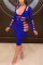 Blue Sexy Solid Hollowed Out Patchwork V Neck Long Sleeve Knee Length Pencil Skirt Dresses