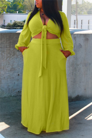 Fluorescent Yellow Fashion Sexy V Neck Long Sleeve Regular Sleeve Print Plus Size Set